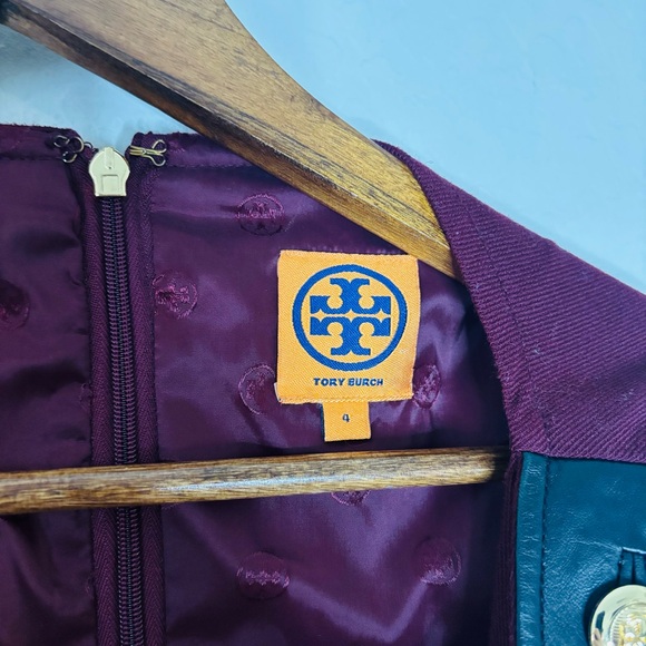 Tory Burch Sleeveless Sheath Dress Leather Trim Wine Wool Blend Gold Accents 4 - Picture 6 of 13